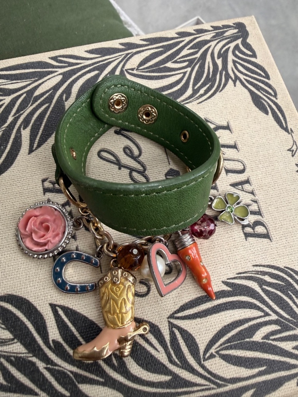 Lucky Brand Green Leather Charm Bracelet with Multicolor Enamel Charms